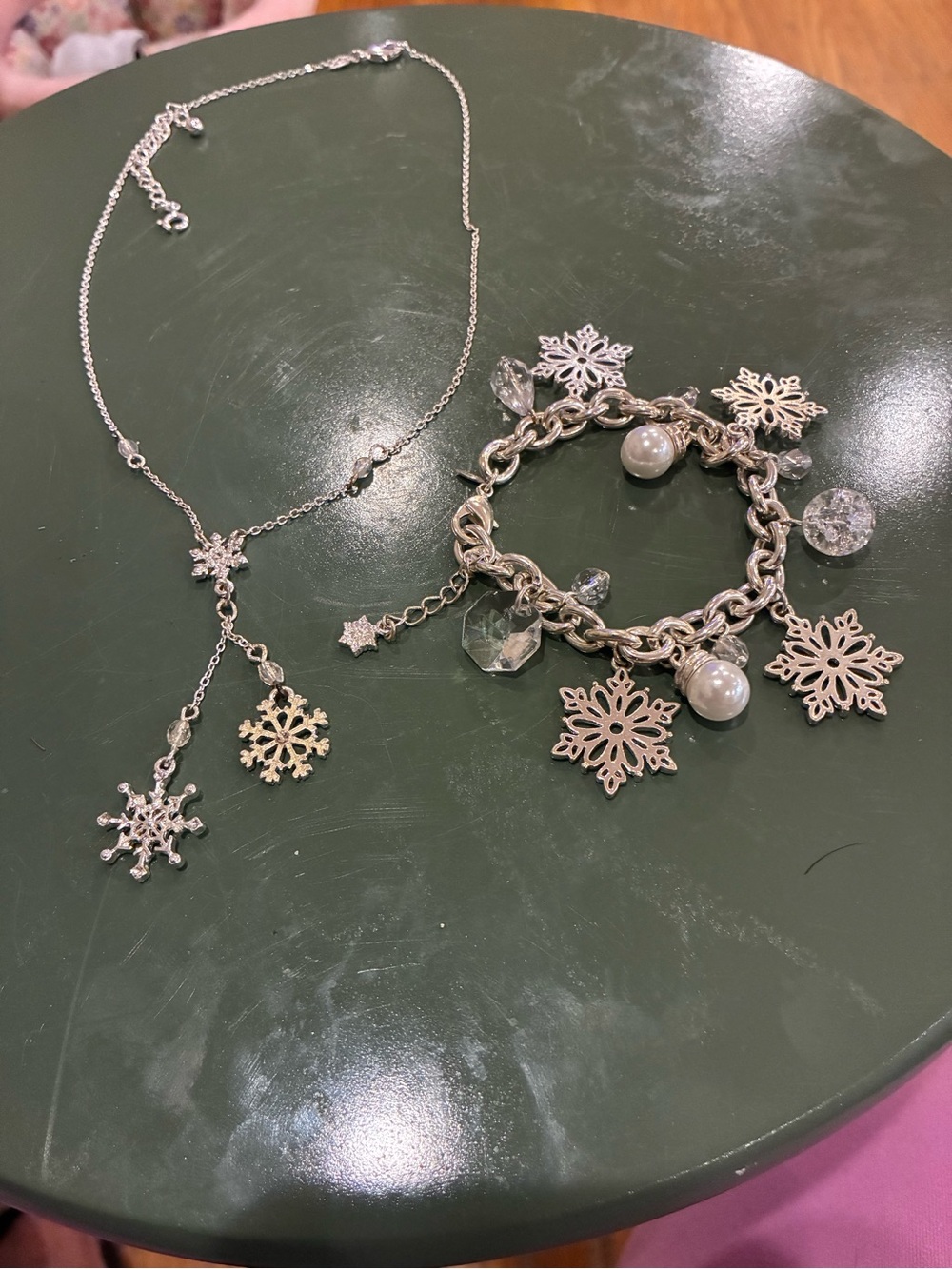 Silver Snowflake Charm Necklace and Bracelet Set - Winter Charm Jewelry